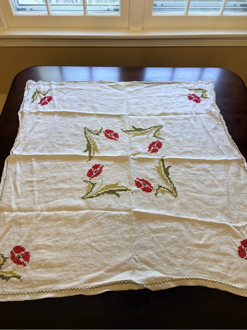 Handmade White Tablecloth with Red Tulip Cross Stitch